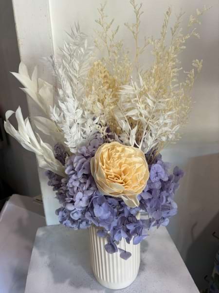 Purple and cream preserved arrangement